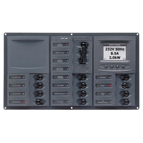 BEP AC Circuit Breaker Panel w/Digital Meters, 12SP 2DP AC230V ACSM Stainless Steel Horizontal - Kesper Supply