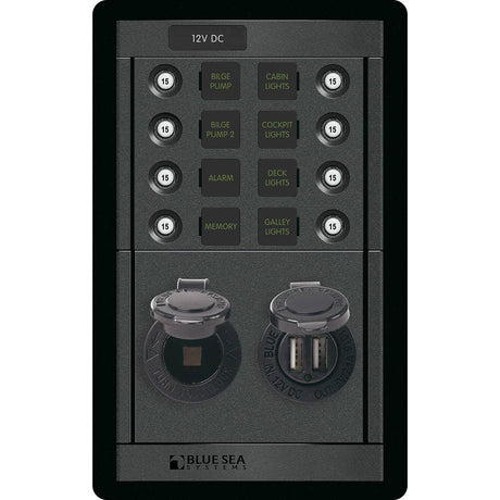 Blue Sea 1498 - 360 Panel - 8 Position 12V Panel w/Dual USB & 12V Socket - Kesper Supply