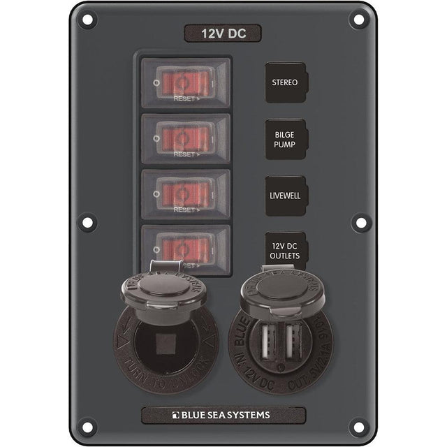 Blue Sea 4321 Circuit Breaker Switch Panel 4 Position - Gray w/12V Socket & Dual USB - Kesper Supply