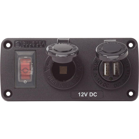 Blue Sea 4363 Water Resistant USB Accessory Panels - 15A Circuit Breaker, 12V Socket, 2.1A Dual USB Charger - Kesper Supply