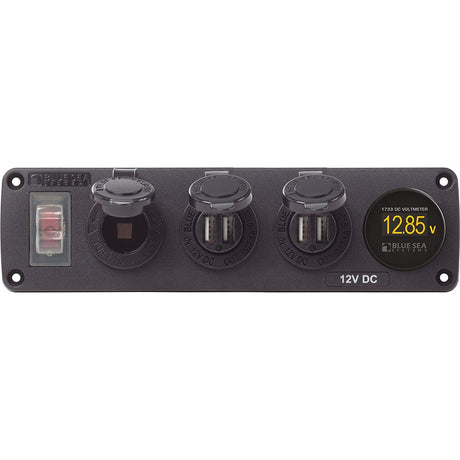 Blue Sea 4368 Water Resistant USB Accessory Panel - 12V Socket, 2x 2.1A Dual USB Chargers, Mini Voltmeter - Kesper Supply