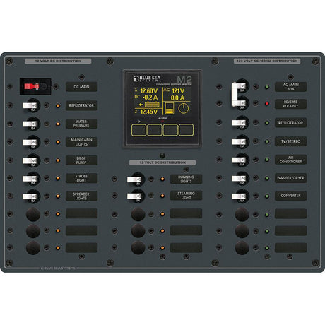 Blue Sea 8413 - Metal AC/DC Panel w/M2 Vessel Systems Monitor & 22 Circuit Breakers (15A) - Kesper Supply