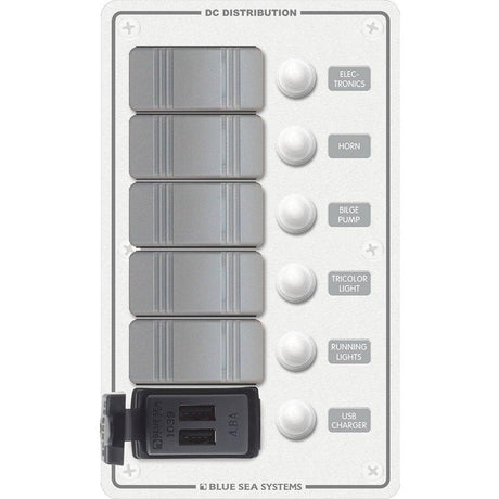 Blue Sea 8421 - 5 Position Contura Switch Panel w/Dual USB Chargers - 12/24V DC - White - Kesper Supply