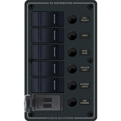 Blue Sea 8521 - 5 Position Contura Switch Panel w/Dual USB Chargers - 12/24V DC - Black - Kesper Supply