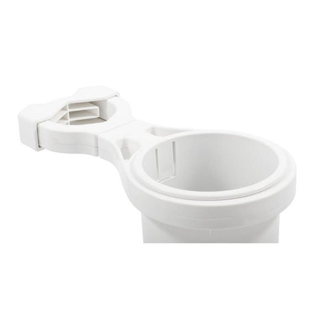 Camco Clamp-On Rail Mounted Cup Holder - Large for Up to 2" Rail - White - Kesper Supply