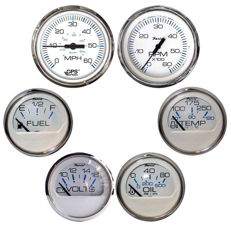 Faria Chesapeake White w/Stainless Steel Bezel Boxed Set of 6 - Speed, Tach, Fuel Level, Voltmeter, Water Temperature & Oil PSI - Inboard Motors - Kesper Supply