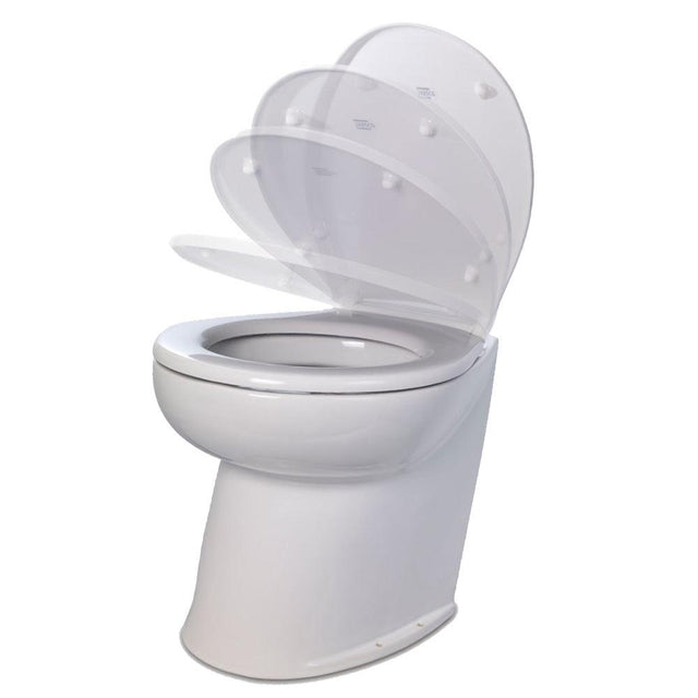 Jabsco Deluxe Flush 14" Angled Back 12V Raw Water Electric Marine Toilet w/Remote Rinse Pump & Soft Close Lid - Kesper Supply
