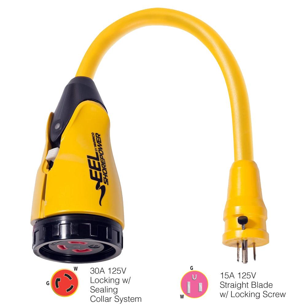 Marinco P15-30 EEL 30A-125V Female to 15A-125V Male Pigtail Adapter - Yellow - Kesper Supply