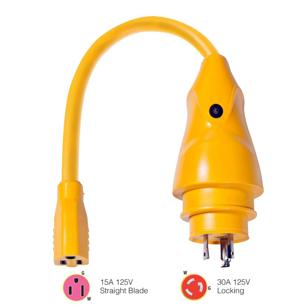 Marinco P30-15 EEL 15A-125V Female to 30A-125V Male Pigtail Adapter - Yellow - Kesper Supply
