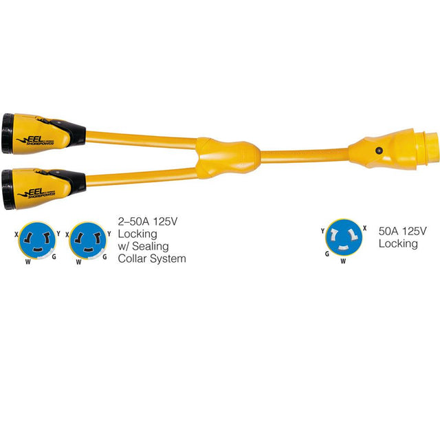 Marinco Y504-2-504 EEL (2)50A-125/250V Female to (1)50A-125/250V Male "Y" Adapter - Yellow - Kesper Supply