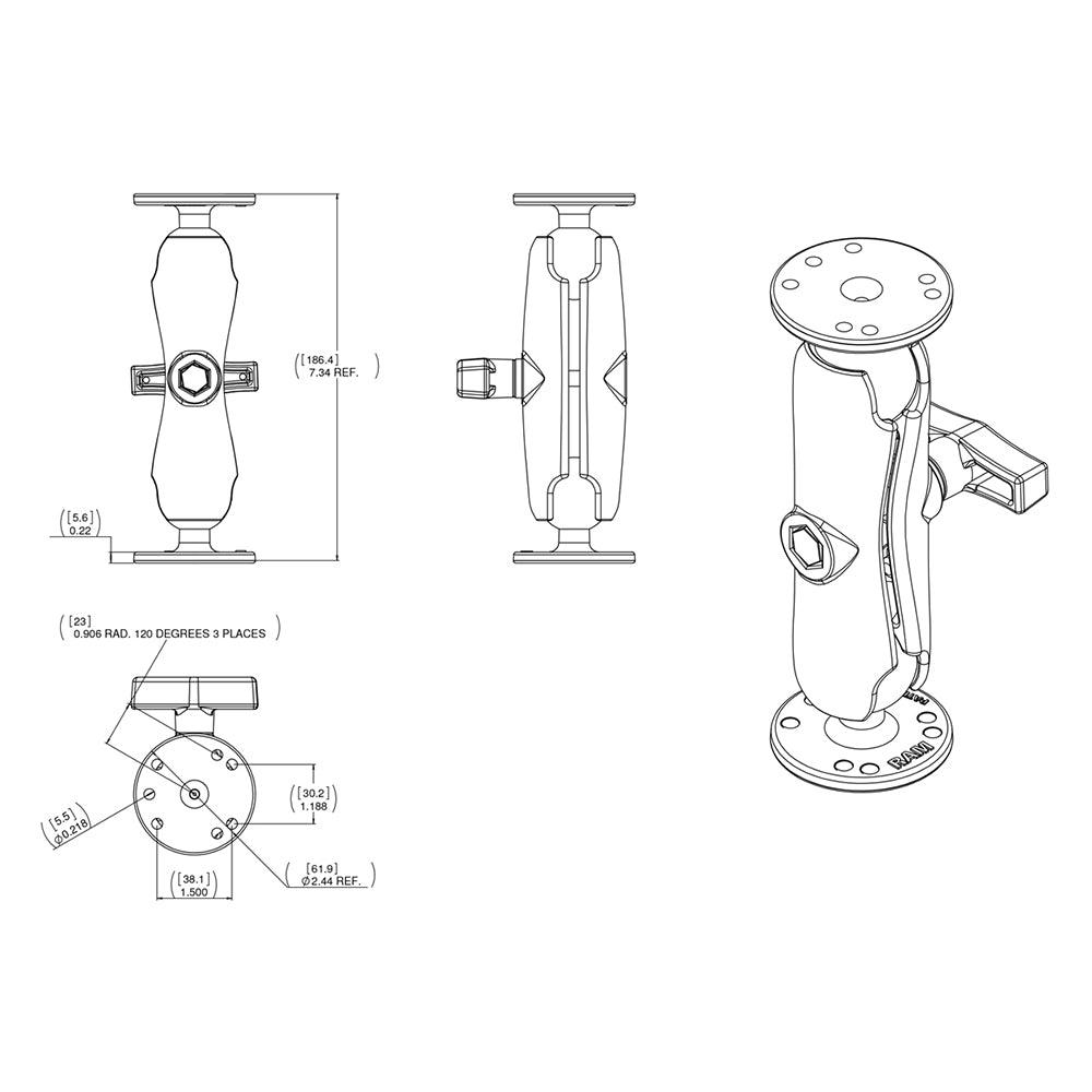 RAM Mount 1.5" Ball Double Socket Arm w/2 2.5" Round Bases - AMPs Pattern - Kesper Supply