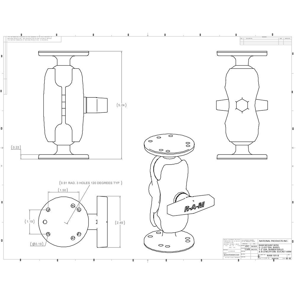 RAM Mount 1.5" Ball Mount w/Short Double Socket Arm & 2/2.5" Round Bases - Kesper Supply