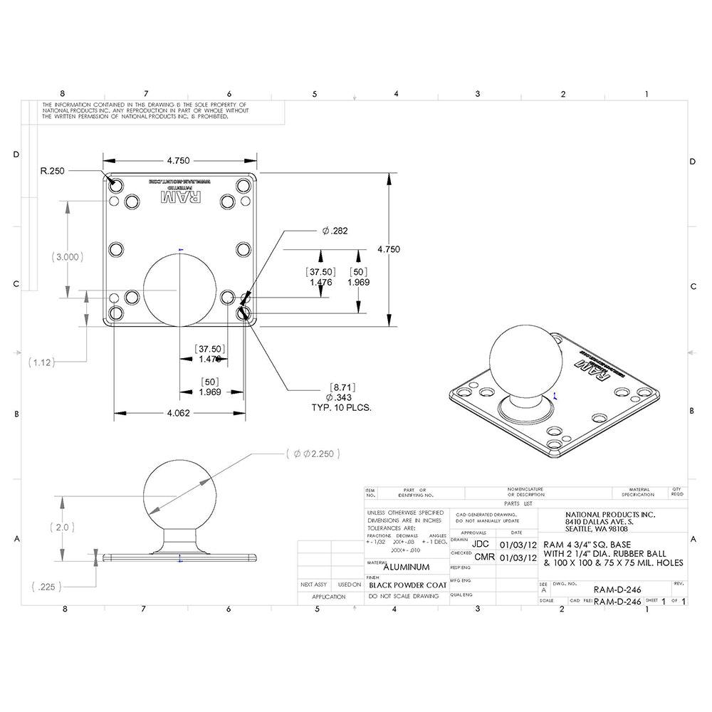 RAM Mount 100x100mm VESA Plate w/2.25" Ball - Kesper Supply