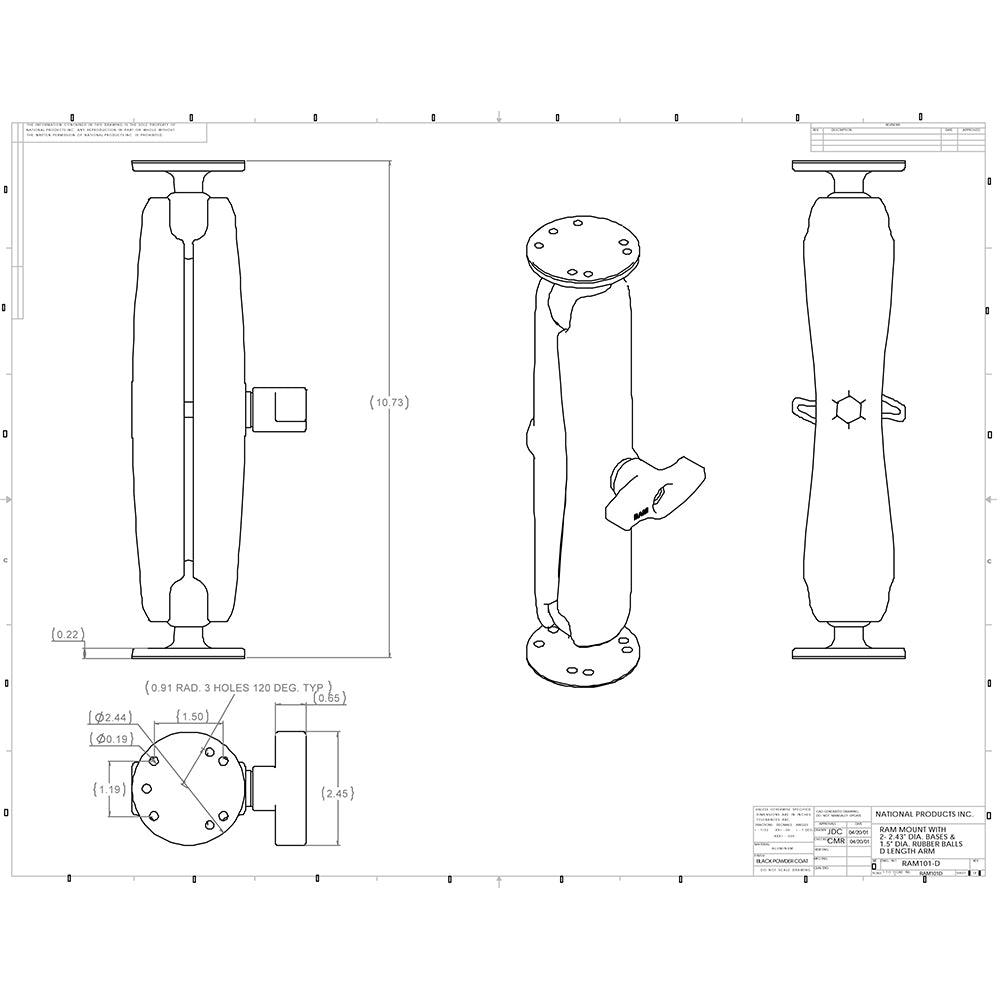 RAM Mount Ball Mount w/Long Double Socket Arm & 2-2.5" Round Bases w/AMPs Pattern - Kesper Supply