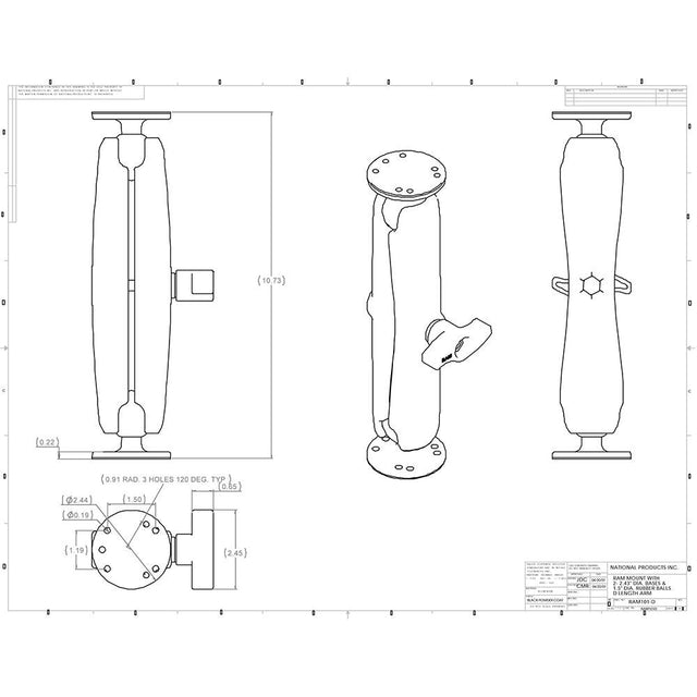 RAM Mount Ball Mount w/Long Double Socket Arm & 2-2.5" Round Bases w/AMPs Pattern - Kesper Supply