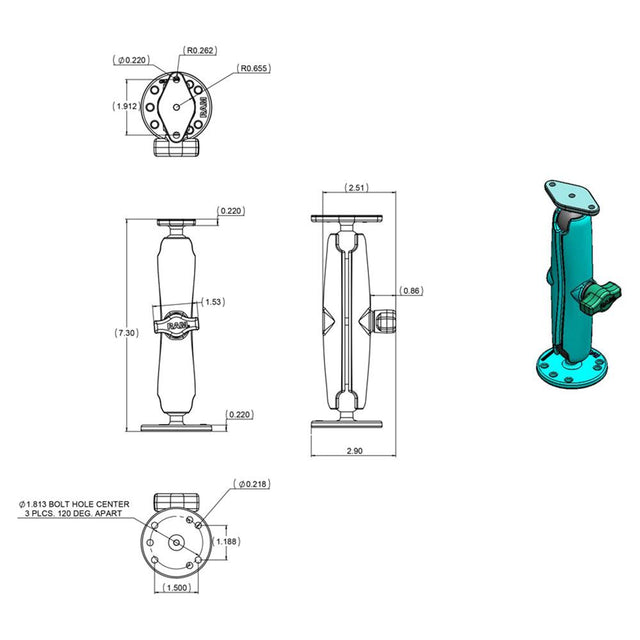 RAM Mount Flat Surface Mount Long Arm w/Diamond Base - Kesper Supply