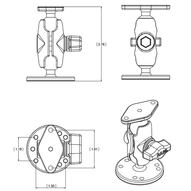 RAM Mount Flat Surface Mount Short Arm w/Diamond Base - Kesper Supply