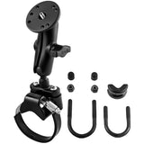 RAM Mount Strap Clamp Roll Bar Mount w/Standard Length Double Socket Arm & 2.5" Round Base w/1/4"-20 Male Threaded Post - Kesper Supply