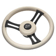 Schmitt Marine Torcello Elite 14" Wheel - Beige Leather & Cap - White Stitching - Black SS Spokes - 3/4" Tapered Shaft - Kesper Supply