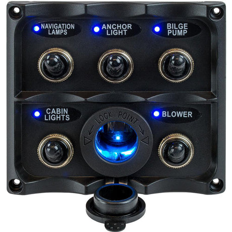 Sea-Dog Water Resistant Toggle Switch Panel w/LED Power Socket - 5 Toggle - Kesper Supply