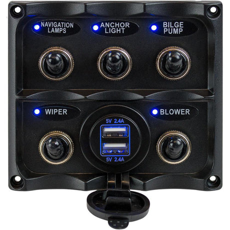 Sea-Dog Water Resistant Toggle Switch Panel w/USB Power Socket - 5 Toggle - Kesper Supply
