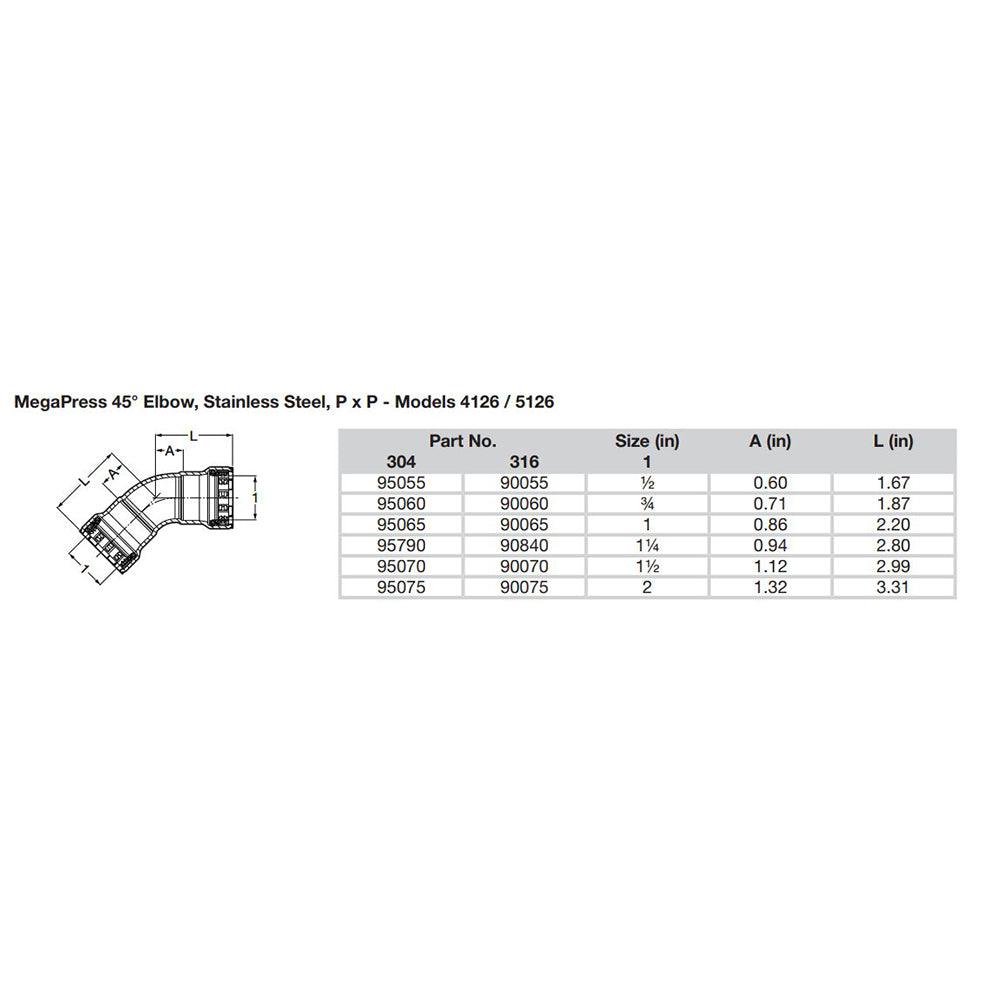 Viega MegaPress 1-1/2" 45° Stainless Steel 304 Elbow - Double Press Connection - Smart Connect Technology - Kesper Supply