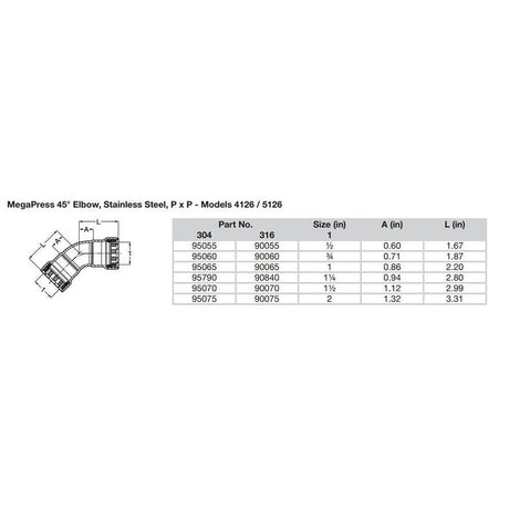 Viega MegaPress 1-1/2" 45° Stainless Steel 304 Elbow - Double Press Connection - Smart Connect Technology - Kesper Supply