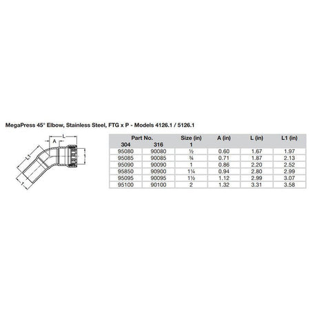 Viega MegaPress 1-1/2" 45° Stainless Steel 304 Elbow Street - Press Connection - Smart Connect Technology - Kesper Supply