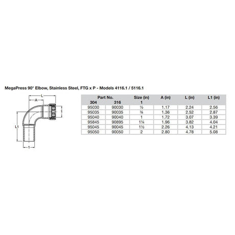 Viega MegaPress 1-1/2" 90° Stainless Steel 304 Elbow Street - Press Connection - Smart Connect Technology - Kesper Supply