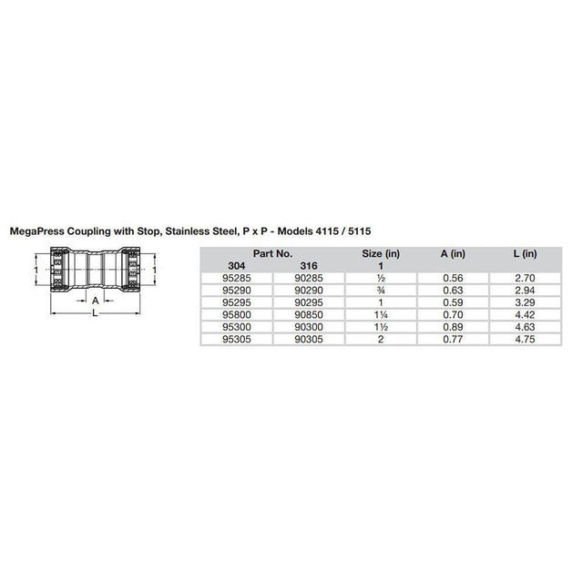 Viega MegaPress 1-1/2" Stainless Steel 304 Coupling w/Stop - Double Press Connection - Smart Connect Technology - Kesper Supply