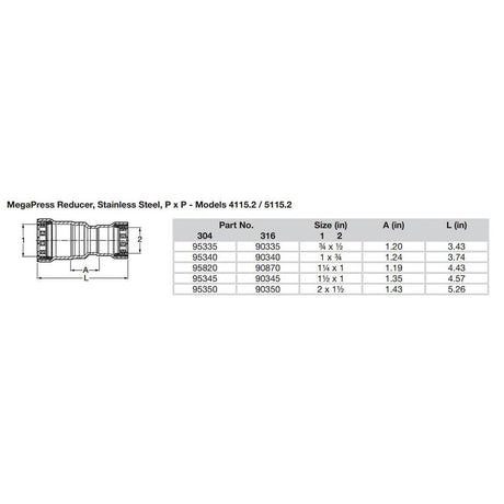 Viega MegaPress 1-1/2" x 1" Stainless Steel 304 Reducer - Double Press Connection - Smart Connect Technology - Kesper Supply