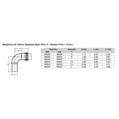 Viega MegaPress 1" 90° Stainless Steel 304 Elbow Street - Press Connection - Smart Connect Technology - Kesper Supply