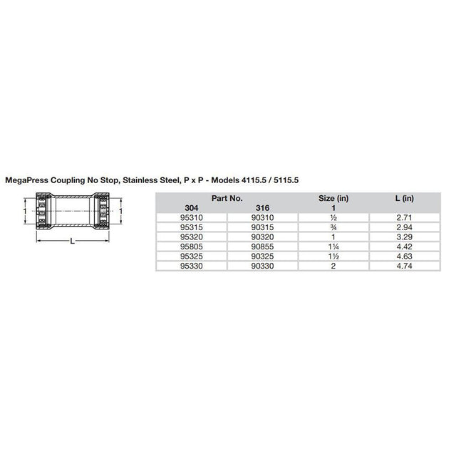 Viega MegaPress 1" Stainless Steel 304 Coupling w/o Stop - Double Press Connection - Smart Connect Technology - Kesper Supply