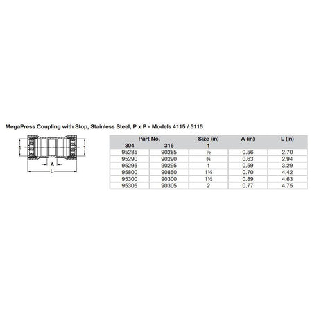 Viega MegaPress 1" Stainless Steel 304 Coupling w/Stop - Double Press Connection - Smart Connect Technology - Kesper Supply