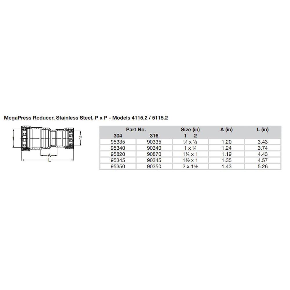 Viega MegaPress 1" x 3/4" Stainless Steel 304 Reducer - Double Press Connection - Smart Connect Technology - Kesper Supply