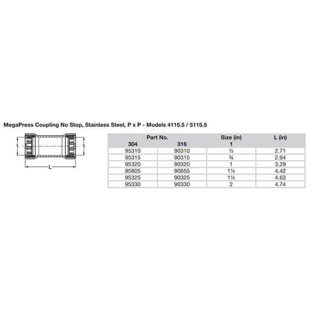 Viega MegaPress 3/4" Stainless Steel 304 Coupling w/o Stop - Double Press Connection - Smart Connect Technology - Kesper Supply