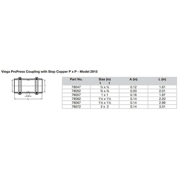 Viega ProPress 1/2" Copper Coupling w/Stop - Double Press Connection - Smart Connect Technology - Kesper Supply