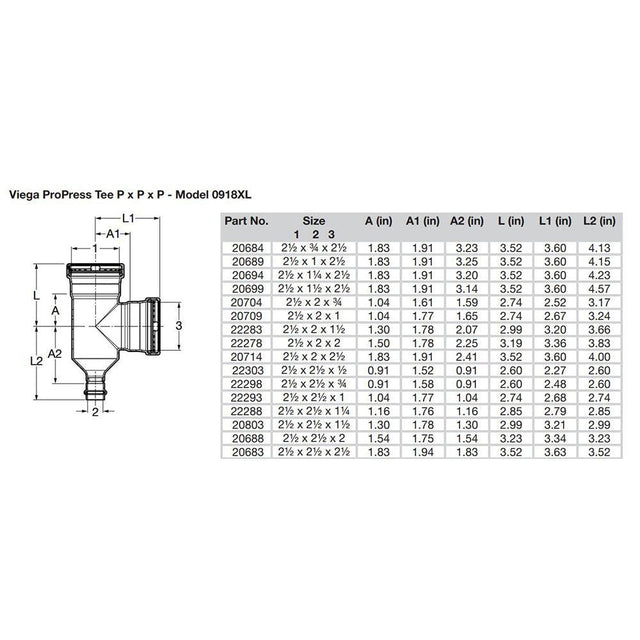 Viega ProPress 2-1/2" Copper Tee - Triple Press Connection - Smart Connect Technology - Kesper Supply