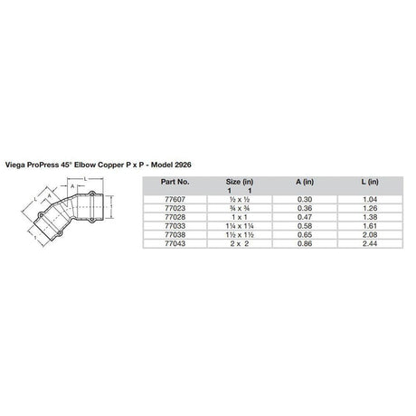 Viega ProPress 2" - 45° Copper Elbow - Double Press Connection - Smart Connect Technology - Kesper Supply